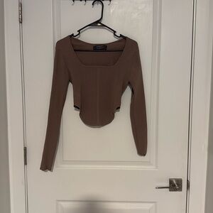 Brown Ribbed Long-Sleeve Corset Top – Size Medium